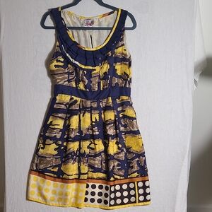 Anthropologie Baraschi Isla Dorada 100% SILK Yellow Blue Mini Dress SIZE 10